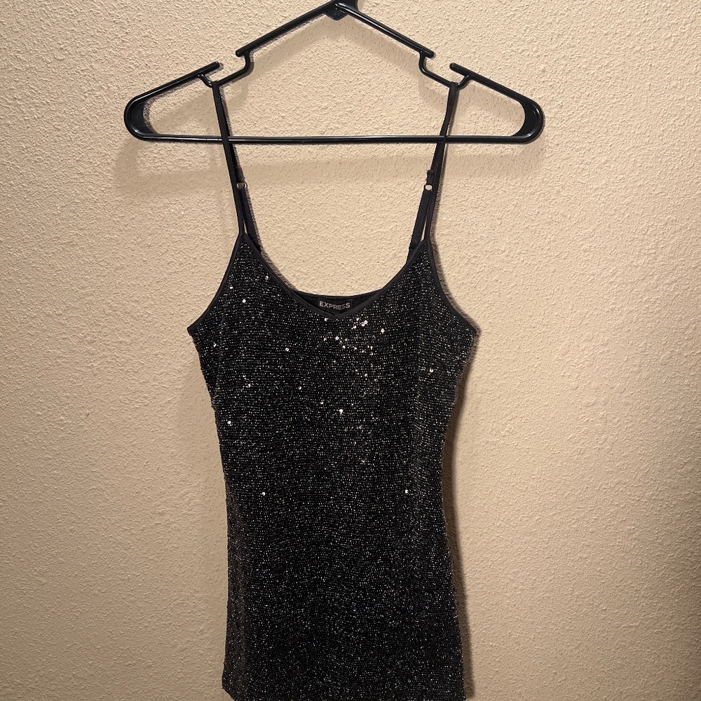 Black Sparkle Stretchy Express Spaghetti Strap tank w/ adjustable straps